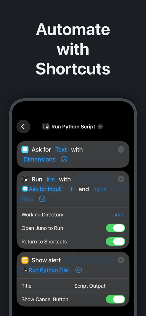 Juno – Python and Jupyter - Interfaz de iPhone que muestra la automatización de scripts Python utilizando Accesos Directos de iOS en la aplicación Juno.