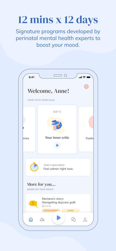 Canopie for Parents - Interface de l'application Canopie pour parents montrant un programme signature de 12 jours pour la santé mentale périnatale et la résilience émotionnelle.