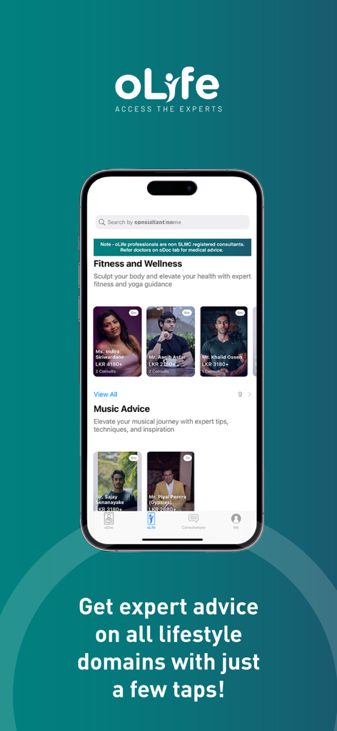 oDoc mobile app interface displaying lifestyle experts for fitness and music consultation