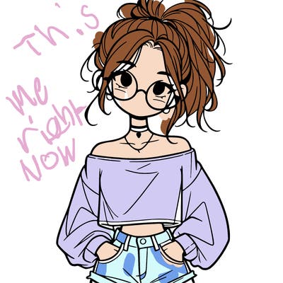 girl with a messy ponytail glasses a baggy crop top and jean shorts