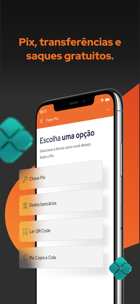 Interface do aplicativo Efí Bank mostrando várias opções de transferência e pagamento Pix em um smartphone.