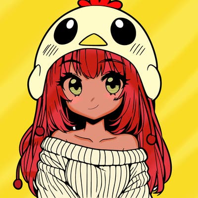 anime girl with chick shaped hat with sweater with bare shoulders with bangs covering them one eye with low tail