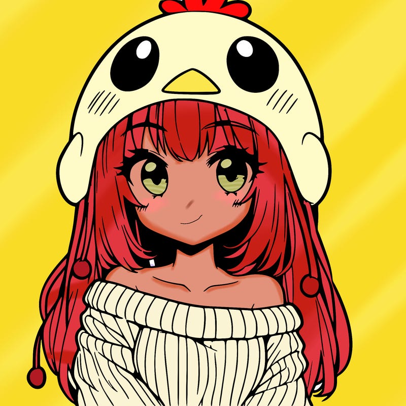 anime girl with chick shaped hat with sweater with bare shoulders with bangs covering them one eye with low tail