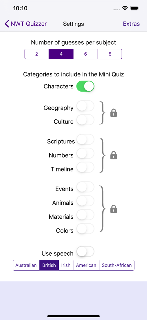 NWT Quizzer - Settings screen for the NWT Quizzer Bible trivia app showing quiz categories and speech options.