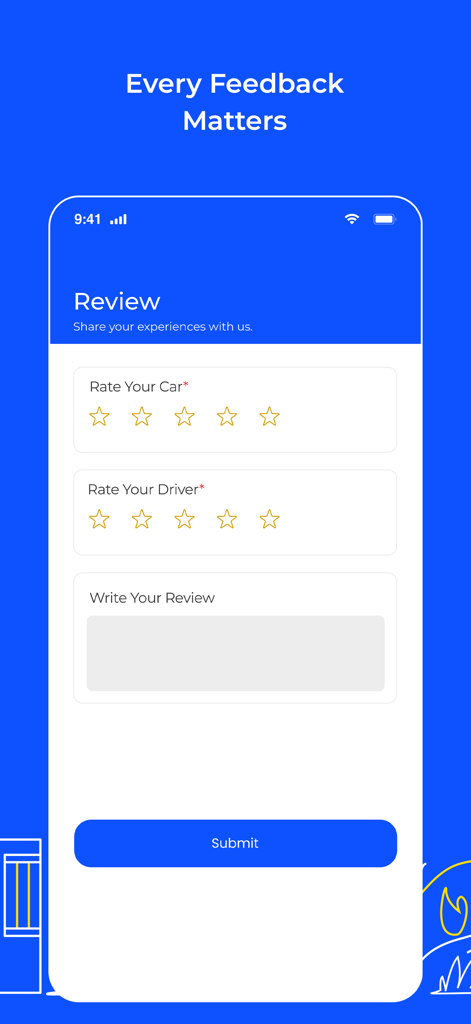 Interface of the Garibook app review screen for rating the car and driver with stars and submitting written feedback