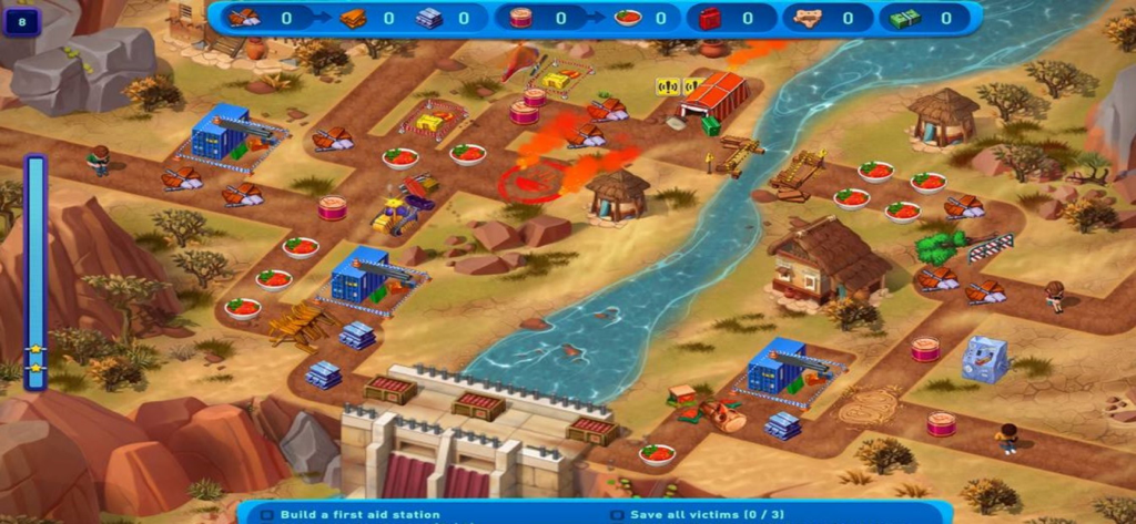 Emergency Crew 4 - Gameplay screenshot of Emergency Crew 4 showing a rescue mission in a savannah setting with resource management and a river dam