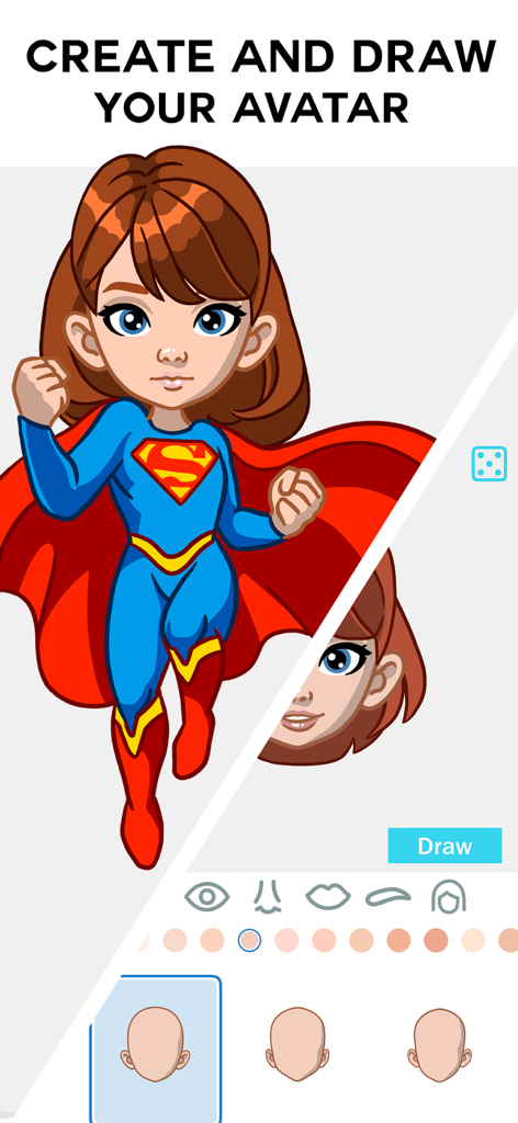 Drawing Vibe: Learn to draw - Avatar creation interface in the Drawing Vibe app showing a customized cartoon superhero girl