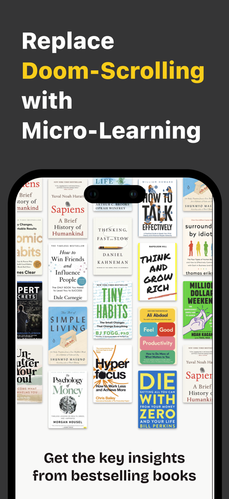 Wisely: Books in 15 Minutes - Interface de l'application Wisely affichant des résumés de livres à succès pour le micro-apprentissage