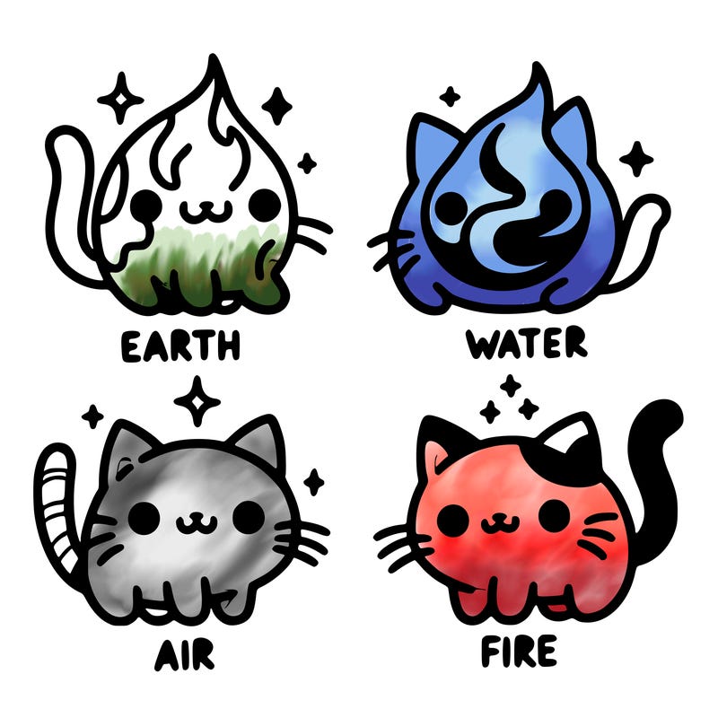 4 cats that represent the different elements, earth, water, air, and fire