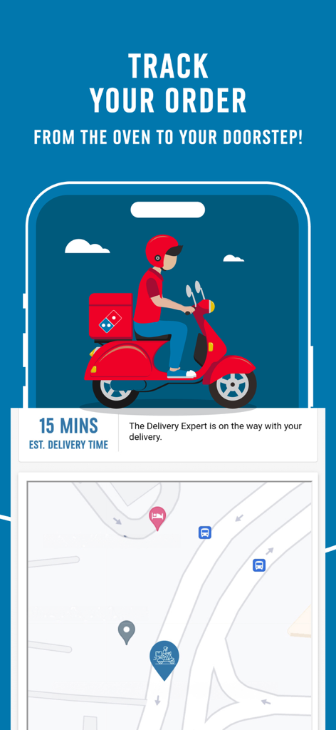 Domino’s MENA - Real-time order tracking screen on the Dominos MENA app showing delivery map and estimated time