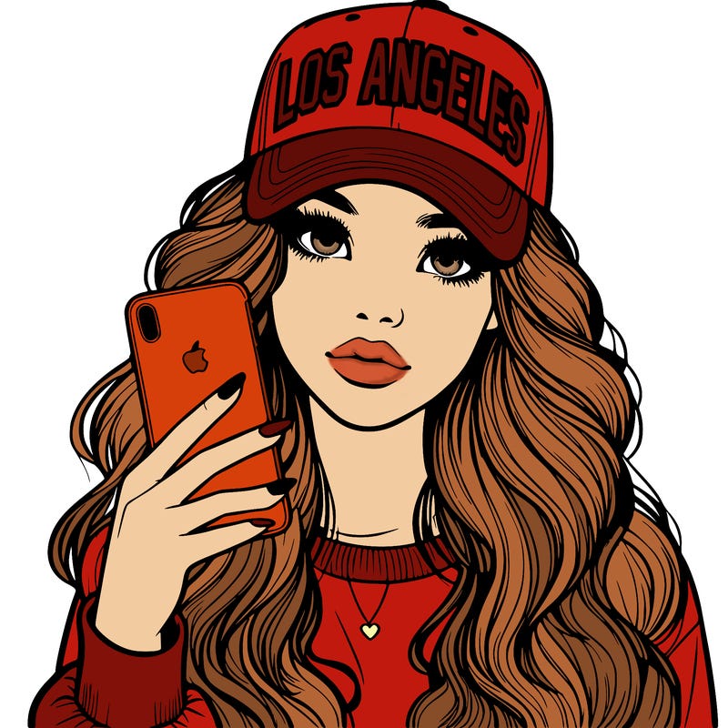 realistic beautiful girl wearing los ángeles cap holding an iphone