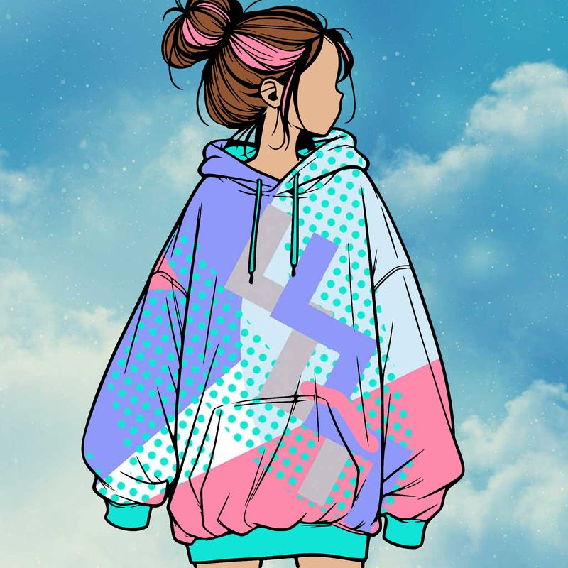 realistic girl with a oversized sweatshirt on and a bun