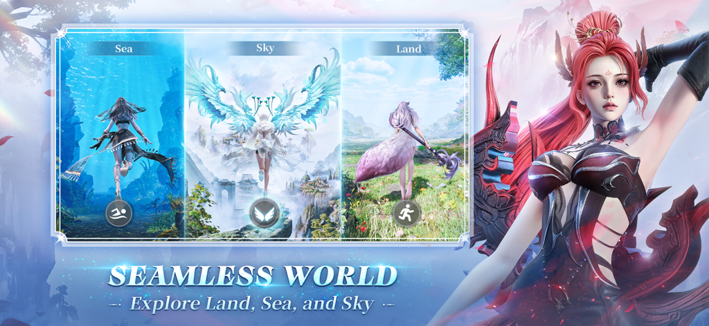 Perfect World: Ascend - Un personaje de fantasía junto a tres paneles que muestran la exploración en entornos de mar, cielo y tierra