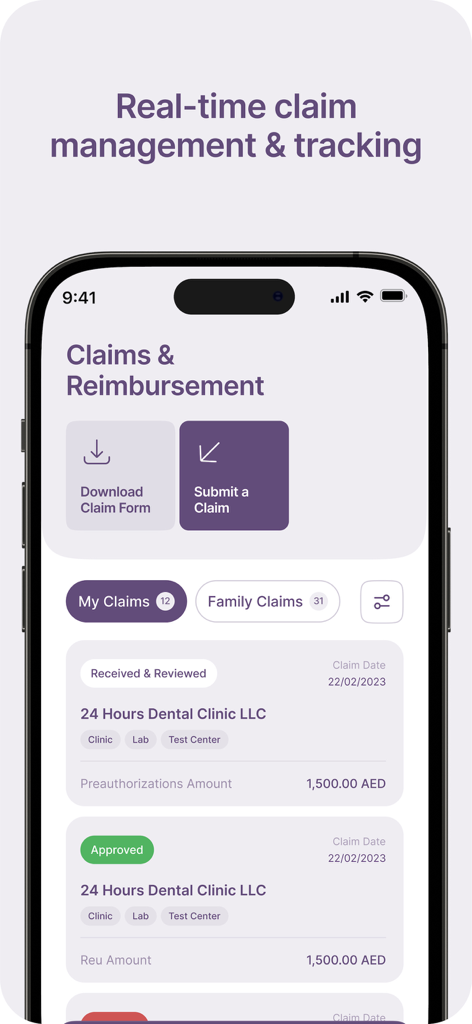 Real-time health insurance claim management and tracking screen in the Almadallah app.