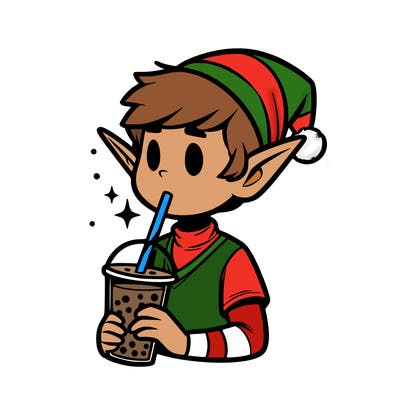 an elf drinking boba