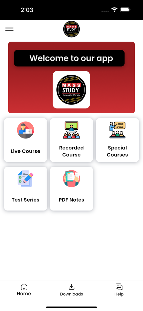 Mass Study - Home screen of the Mass Study app featuring icons for live courses, recorded courses, special courses, test series, and PDF notes.