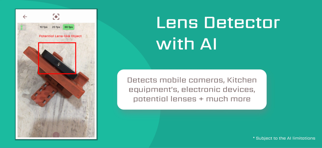 Hidden Spy Camera Detector - Hidden Spy Camera Detector app showing the AI lens detector feature identifying a potential camera lens