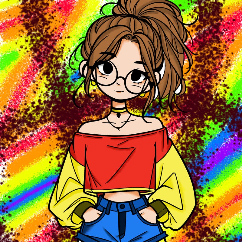 girl with a messy ponytail glasses a baggy crop top and jean shorts