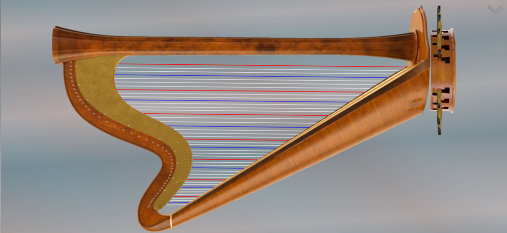 Music World + - A detailed virtual wooden harp with multicolored strings displayed on a digital interface