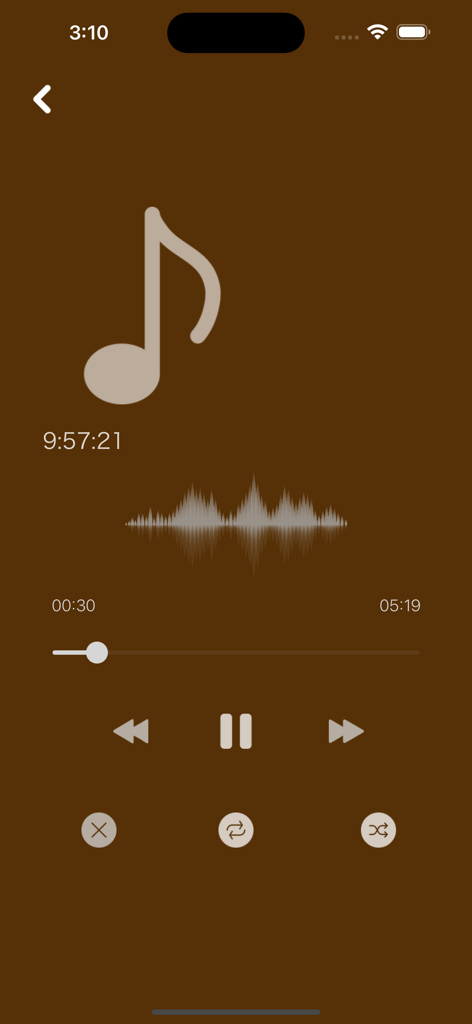 Audio Player - Play Music - Now playing screen of Audio Player showing a music note and waveform.