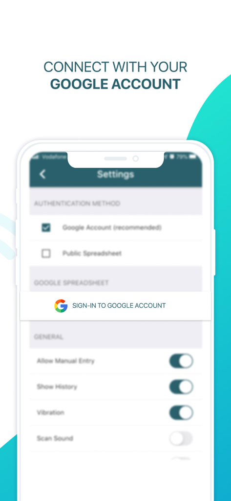 Settings screen for connecting a Google account in the Scan to Sheets app.