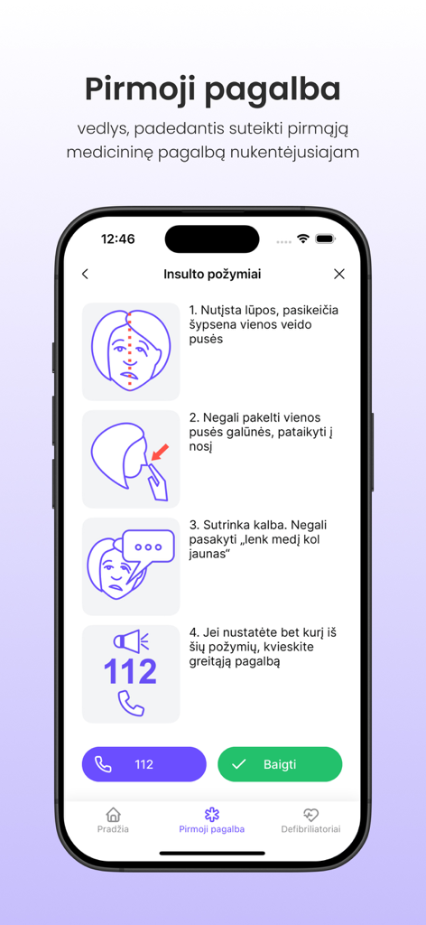 Interface do aplicativo Mama plus mostrando sinais ilustrados de um derrame e um botão para ligar para os serviços de emergência.