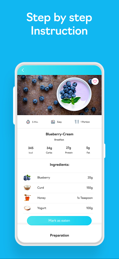 FoodPal - Diet Plan - FoodPal app screenshot showing ingredients and macros for a blueberry cream breakfast recipe.