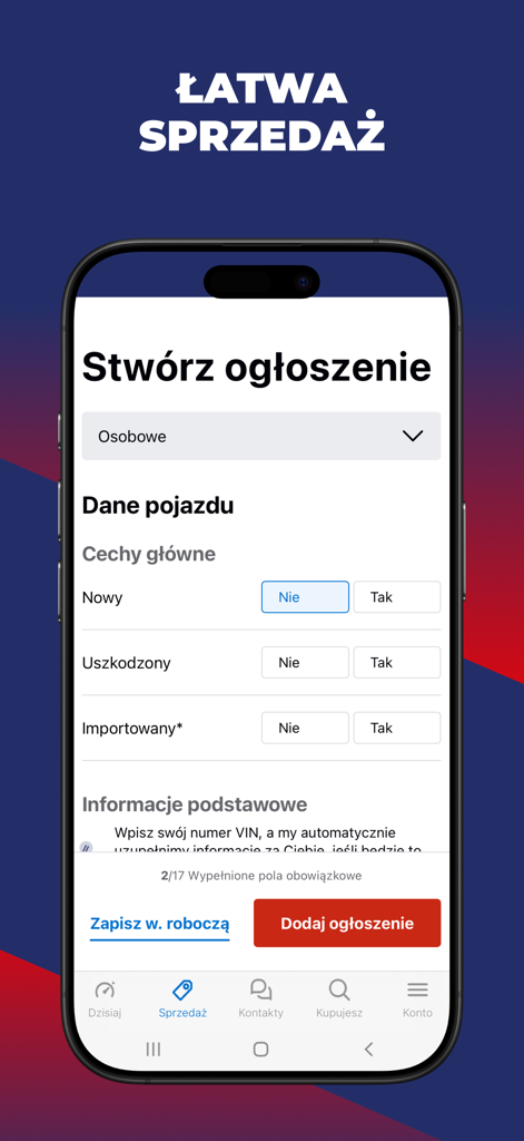 OTOMOTO.pl: Car Marketplace - 차량 데이터 필드 및 VIN 입력 섹션이 있는 OTOMOTO 앱의 자동차 목록 생성용 모바일 인터페이스.