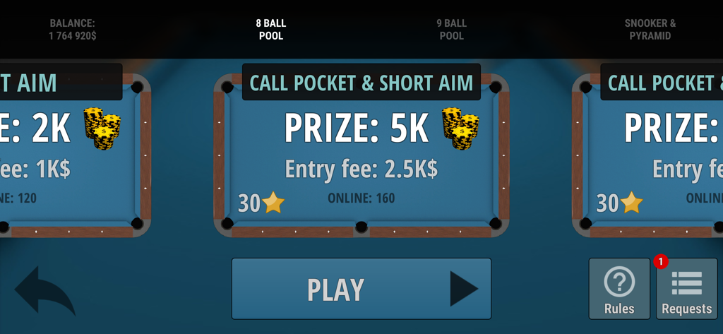 Pool Online - 8 Ball, 9 Ball - Menú del juego para Pool Online mostrando la selección de torneo de billar de bola 8 con premios y tarifas de inscripción