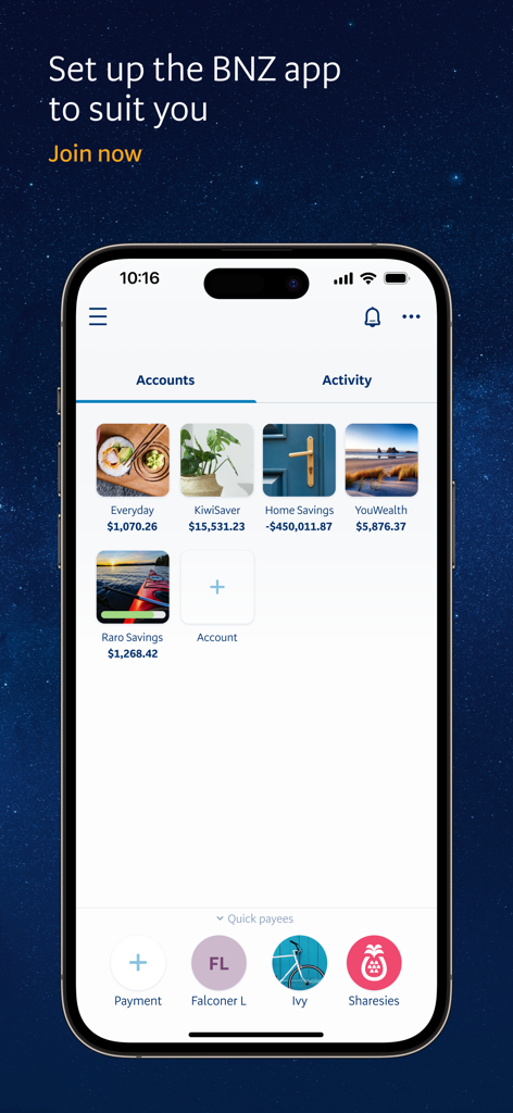 BNZ Mobile - BNZ Mobile app interface displaying personalized account tiles for everyday banking and KiwiSaver