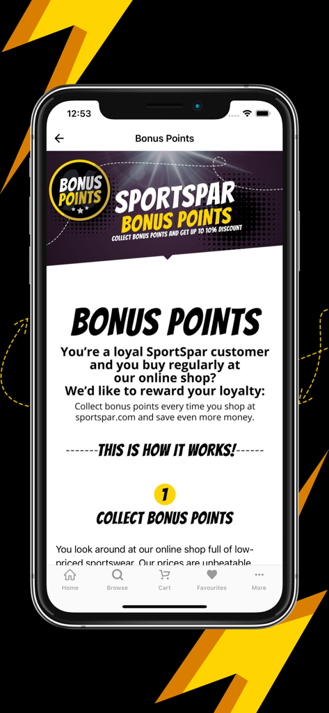 SportSpar International - Tela do aplicativo móvel SportSpar explicando o programa de pontos de bônus de fidelidade do cliente