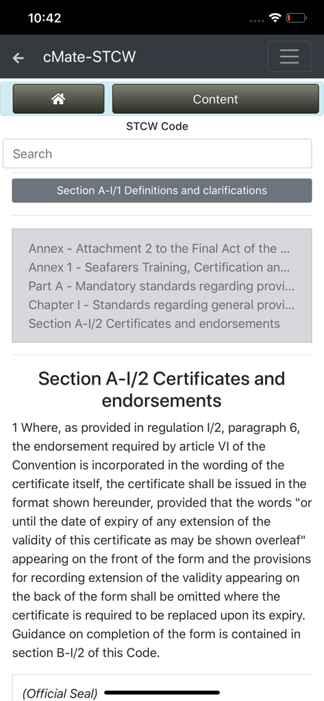 cMate-STCW - cMate STCW mobile app interface showing maritime certification and endorsement regulations with a search bar and navigation menu