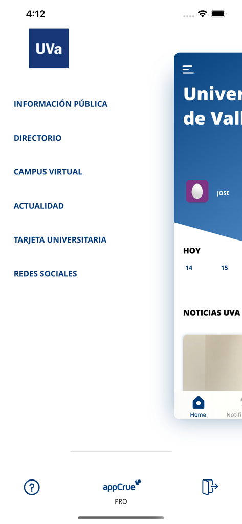 Menu de navegação principal do aplicativo móvel da UVA University of Valladolid mostrando serviços acadêmicos e estudantis