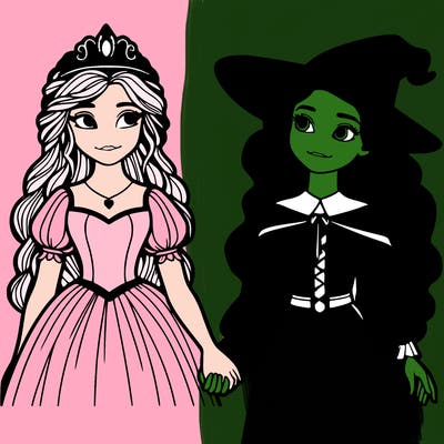 a princess and a witch holding hands realistic