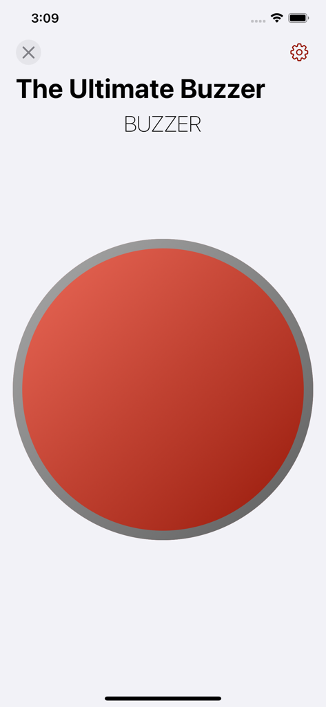 The Ultimate Buzzer - The Ultimate Buzzer app interface showing a large red circular button in Big Button Mode for game nights.