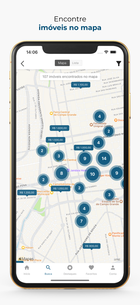 Uma tela móvel mostrando o recurso de busca por mapa do aplicativo InfoImoveis com aglomerados de propriedades e etiquetas de preço em um layout de cidade.