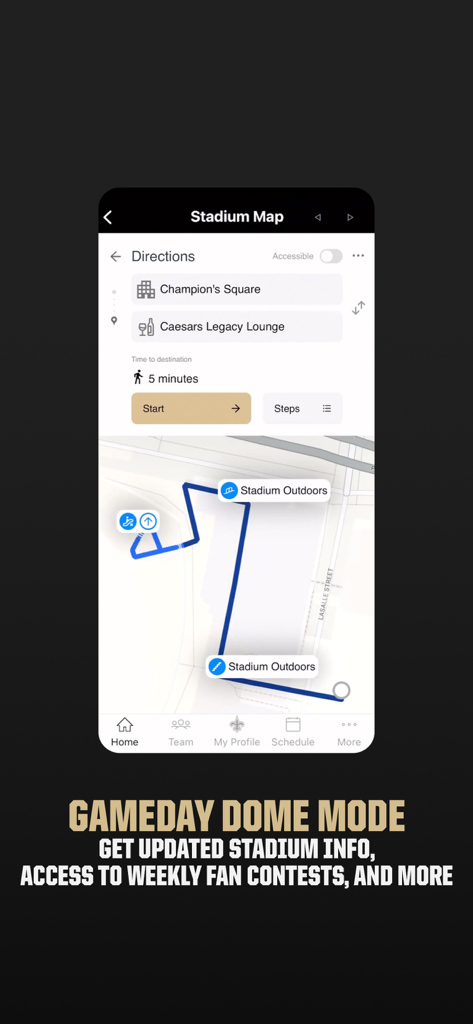 New Orleans Saints - Stadium map and navigation directions feature within the New Orleans Saints mobile app