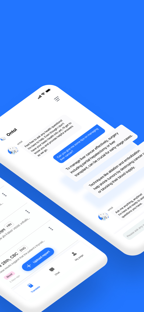 Ontol - Ontol mobile app chat interface with an AI assistant explaining medical treatments and liver cancer management.