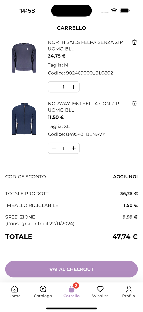 Griffe Shop - Griffe Shop mobile app shopping cart screen displaying clothing items and total price