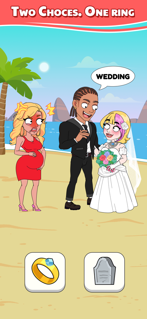 Dramatic beach wedding scene in Stars Choices game with interactive choice icons.