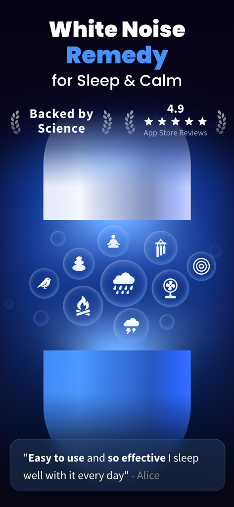 Sleep Dose: White Noise Remedy - Sleep Dose app intro screen showing various relaxing sound icons and a user testimonial
