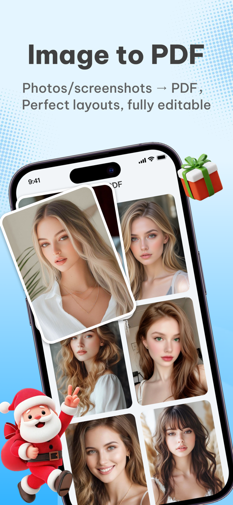 Screenshot of PDFMaker app showing the Image to PDF conversion feature with a gallery of photos and a festive Santa Claus illustration