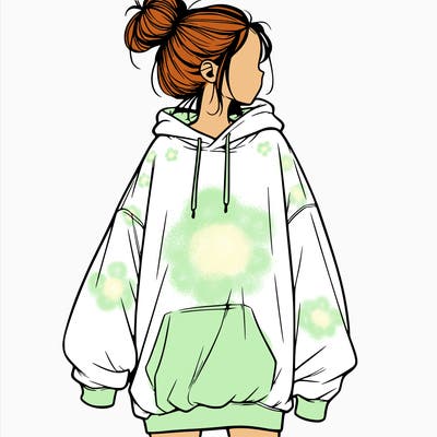 realistic girl with a oversized sweatshirt on and a bun