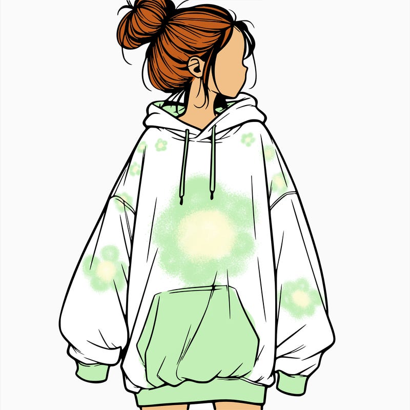 realistic girl with a oversized sweatshirt on and a bun