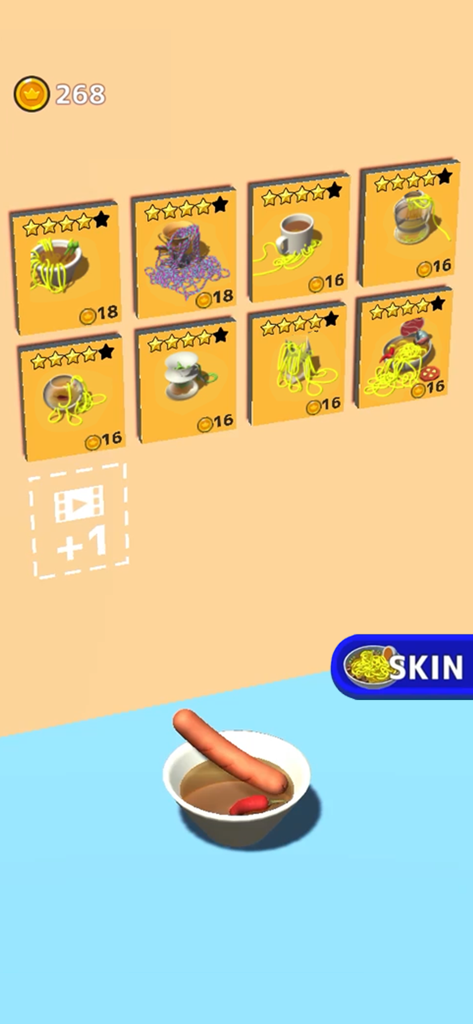 Noodle Master - ヌードルマスターの丼スキン選択メニュー。ラーメンを入れることができる様々なロック解除可能な容器が表示されている