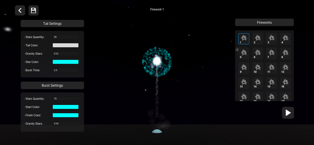 Pyro Simulator for iPhone - Fireworks editor interface in Pyro Simulator with custom burst and tail settings for pyrotechnics