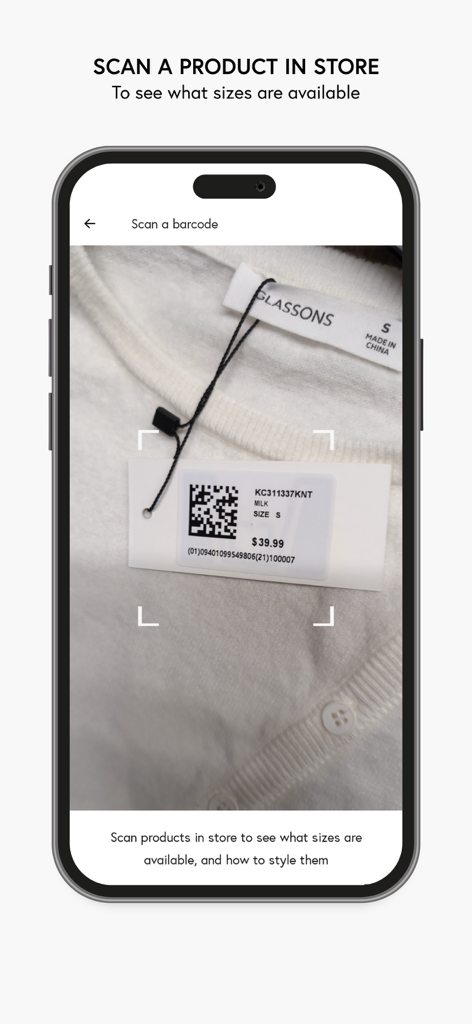 Glassons - Glassons app screen showing a user scanning a clothing barcode in-store to check size availability and styling tips