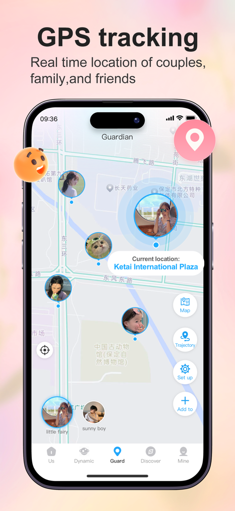 Find family- Share location - Interface do aplicativo móvel mostrando rastreamento de localização GPS em tempo real em um mapa para casais e membros da família