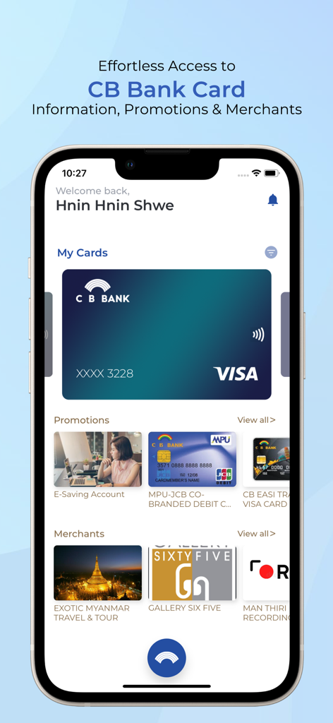 Interfaz de la aplicación móvil CB Card plus que muestra una tarjeta Visa digital junto con promociones bancarias y ofertas de comerciantes.