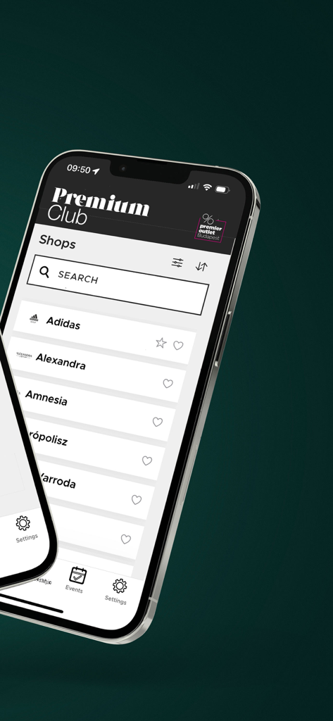 Premier Outlet Budapest - 아디다스 및 알렉산드라 등 매장 목록을 보여주는 프리미어 아울렛 부다페스트 앱 인터페이스